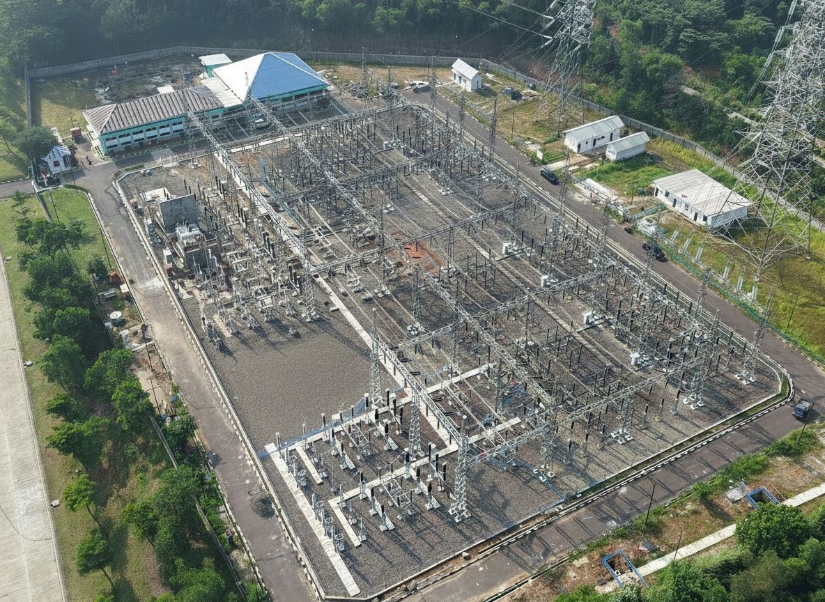 Tampak udara Gardu Induk 150 kilovolt (kV) Margakarya di Karawang International Industrial City (KIIC), Jawa Barat yang melayani suplai listrik ke industri data center di kawasan tersebut. Dengan listrik yang andal, PLN menciptakan multiplier effect untuk